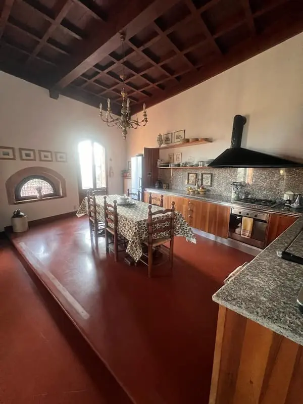 Rustic kitchen with high ceilings, wooden beams, terracotta floors, fireplace, and natural light through an arched window